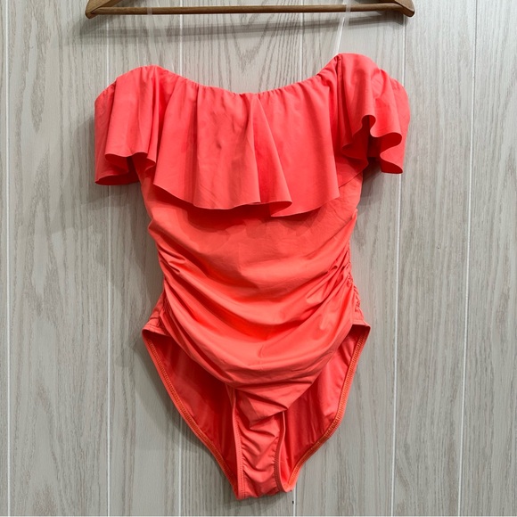 La Blanca Island Goddess Off Shoulder Ruffle One Piece - Hot Coral Swim Suit 10 - Picture 3 of 13